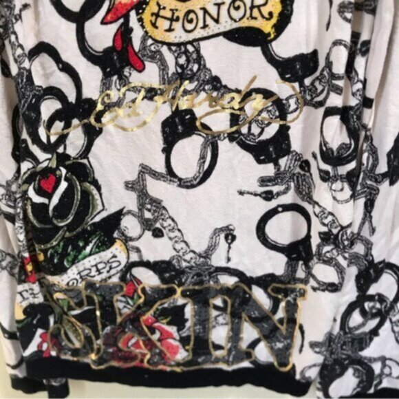 Ed Hardy RARE Vintage Y2K Hoodie Handcuffs Tattoo Crystal Knit Top Sweater L - Picture 13 of 16